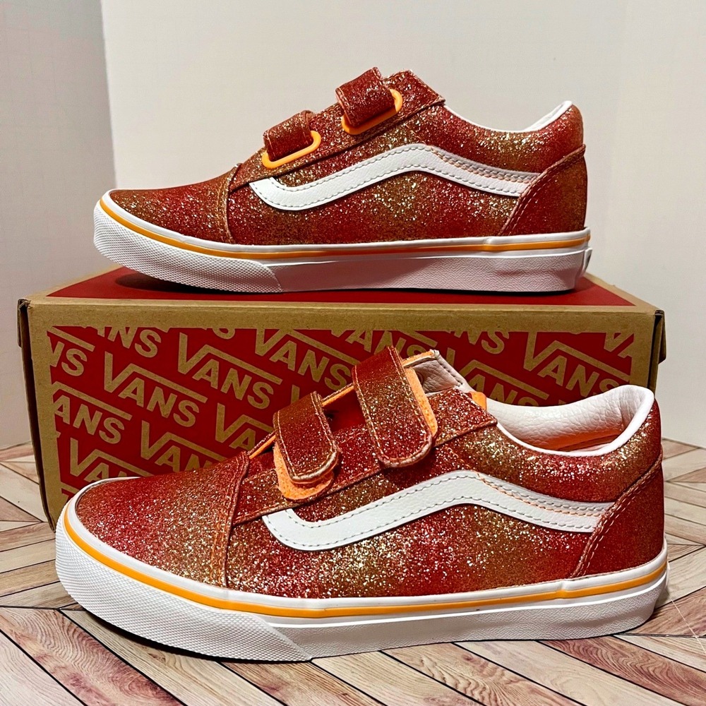 Vans Old Skool V Kids 3 Sunrise Glitter Orange Gold Sneakers VN0A4BUVBS7 NIB
